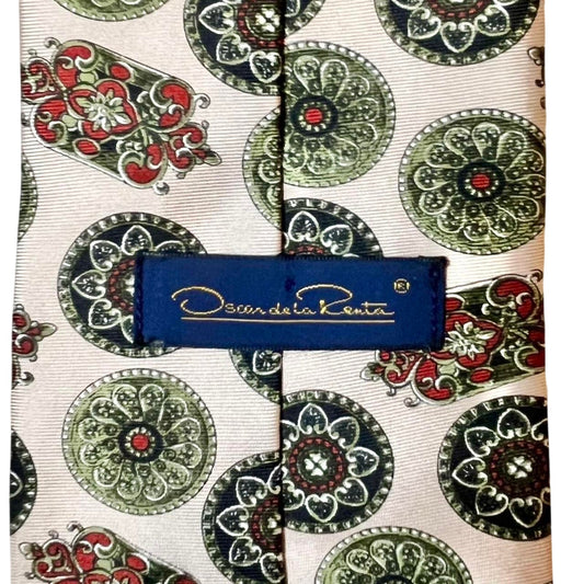 Oscar de la Renta Couture Silk Tie Beige Green Medallion Print | Luxury Designer Neckwear | Premium Men’s Accessory