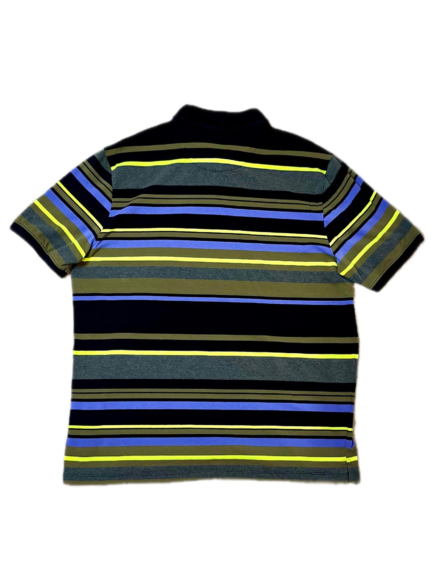 DKNY Striped Polo Shirt Mens XL Black Blue Neon Green Short Sleeve Stretch Cotton Casual Shirt