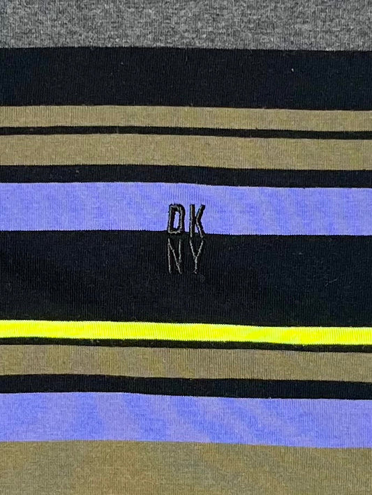 DKNY Striped Polo Shirt Mens XL Black Blue Neon Green Short Sleeve Stretch Cotton Casual Shirt