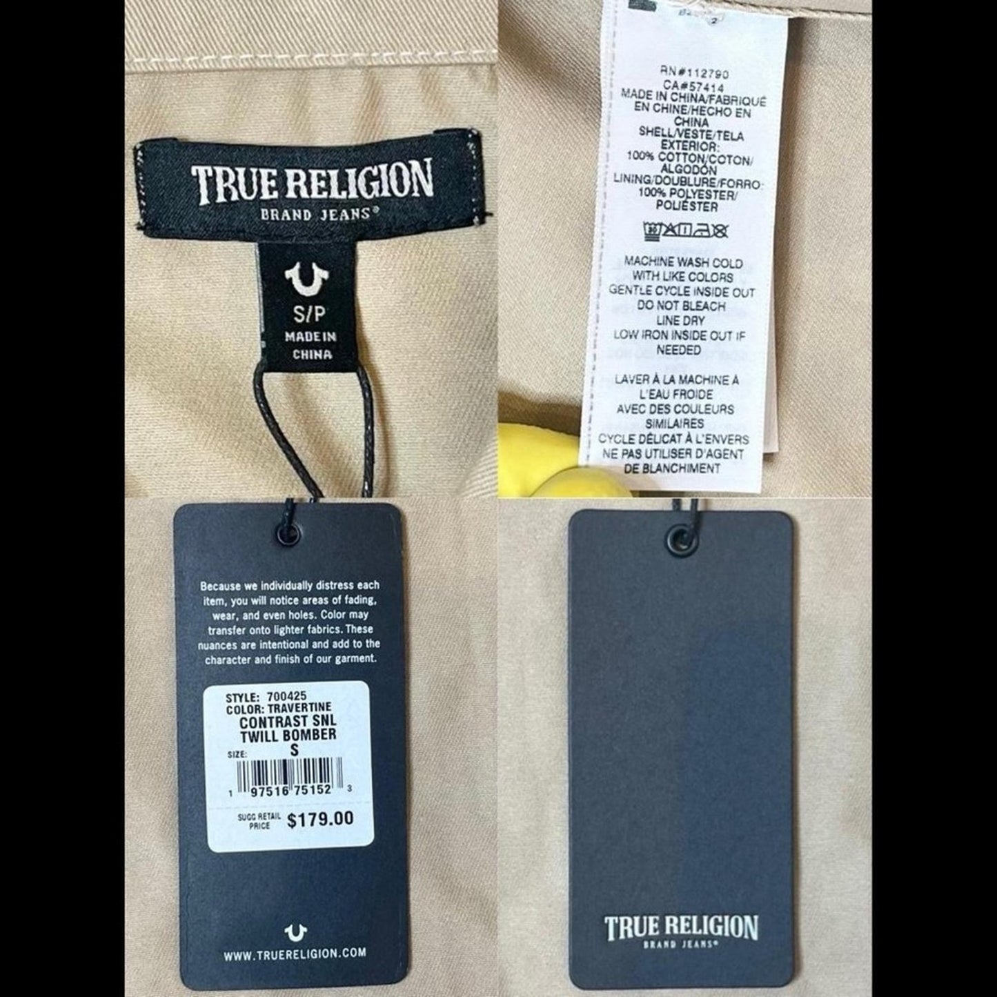 True Religion Travertine Contrast SNL Twill Bomber Jacket – Size Small | Premium Cotton Twill Streetwear