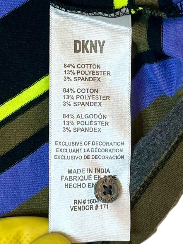 DKNY Striped Polo Shirt Mens XL Black Blue Neon Green Short Sleeve Stretch Cotton Casual Shirt