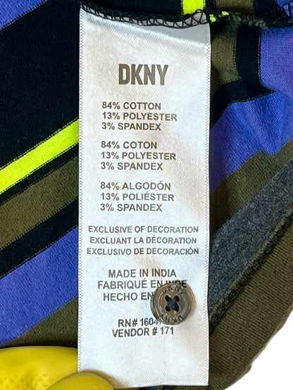 DKNY Striped Polo Shirt Mens XL Black Blue Neon Green Short Sleeve Stretch Cotton Casual Shirt