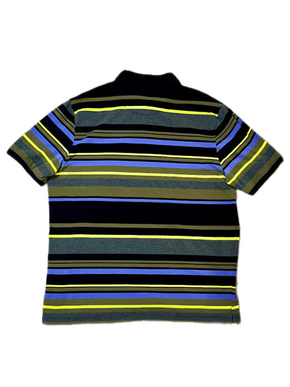 DKNY Striped Polo Shirt Mens XL Black Blue Neon Green Short Sleeve Stretch Cotton Casual Shirt