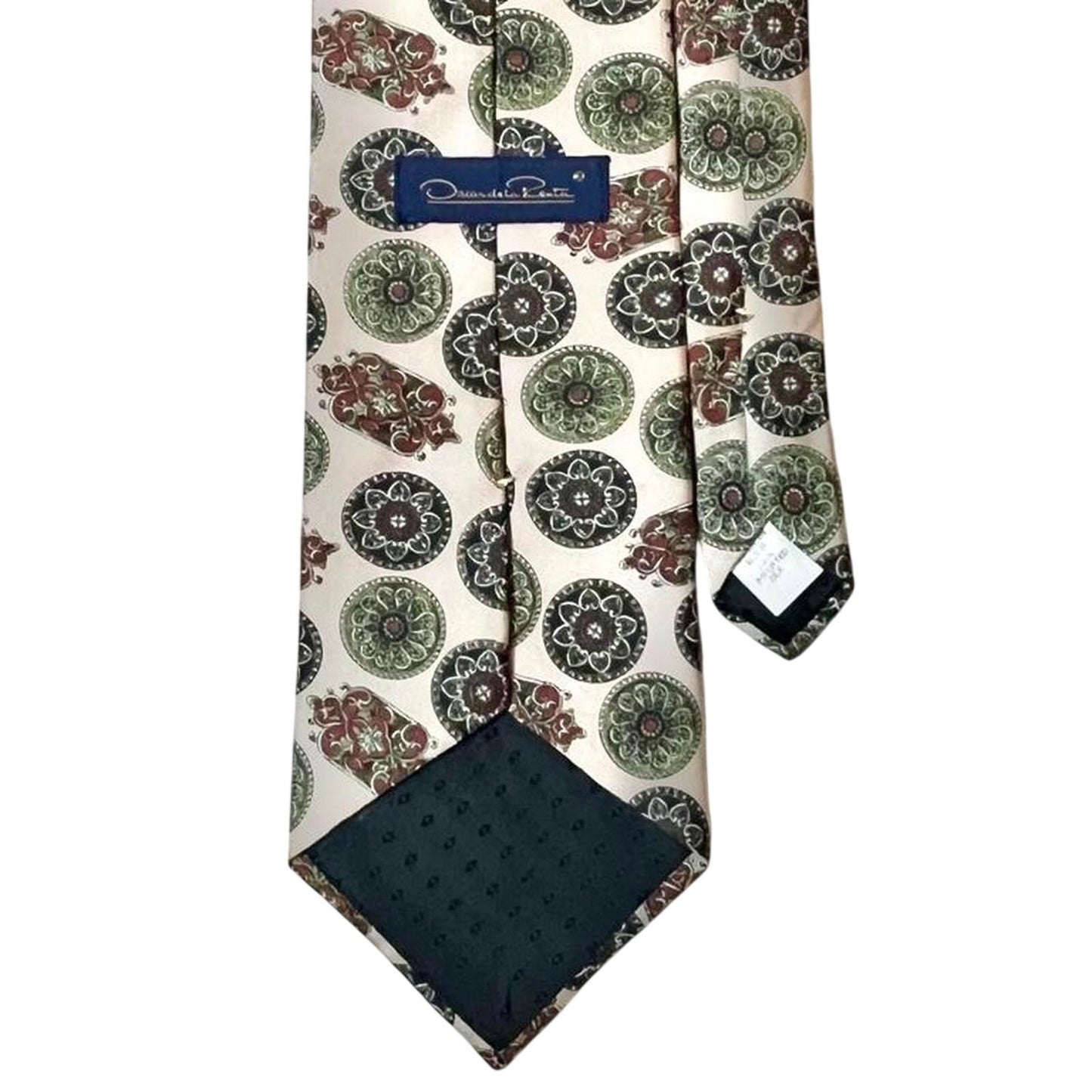 Oscar de la Renta Couture Silk Tie Beige Green Medallion Print | Luxury Designer Neckwear | Premium Men’s Accessory