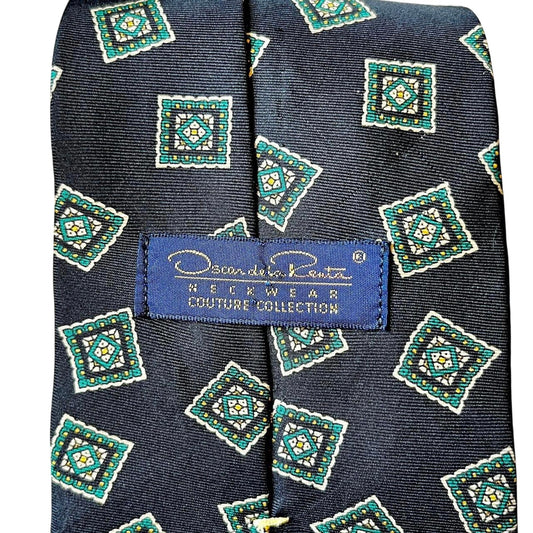 Oscar de la Renta Couture Collection 100% Silk Tie in Green Geometric Square Pattern