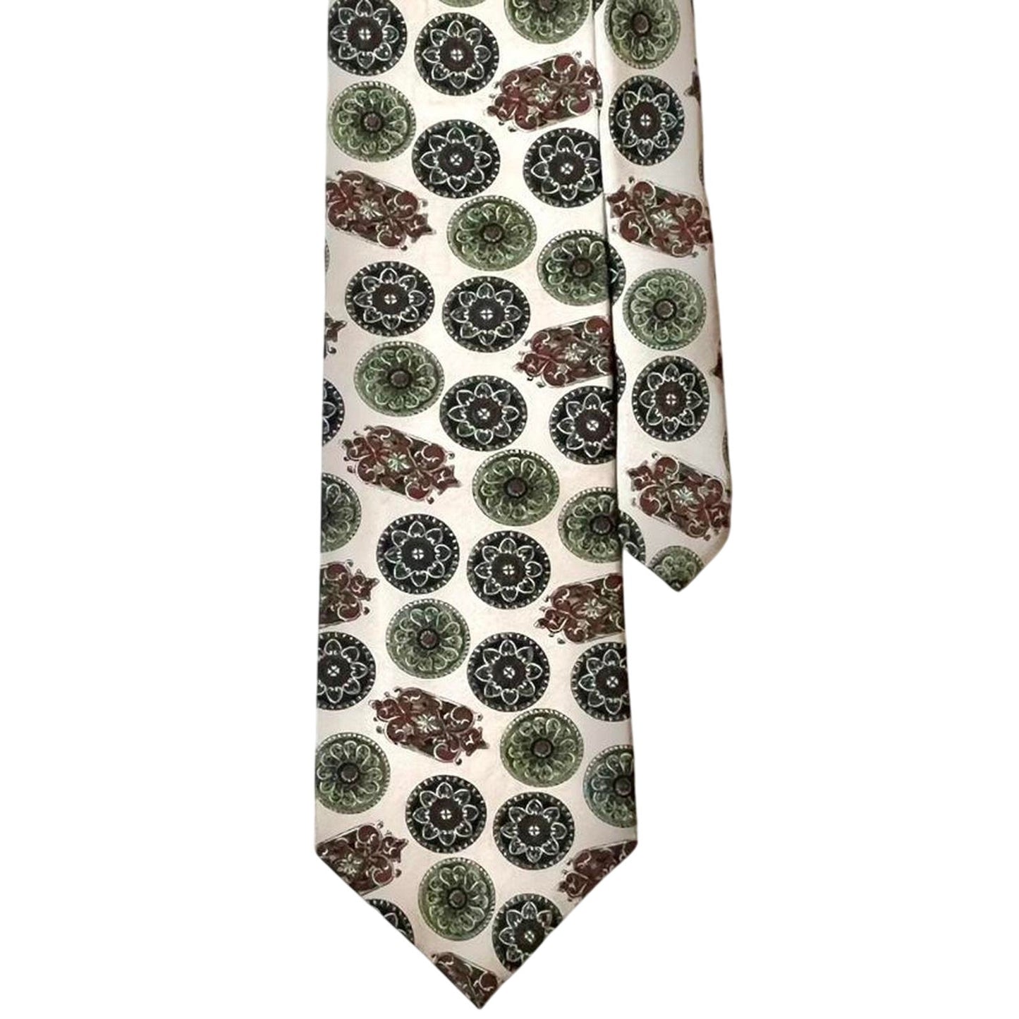 Oscar de la Renta Couture Silk Tie Beige Green Medallion Print | Luxury Designer Neckwear | Premium Men’s Accessory