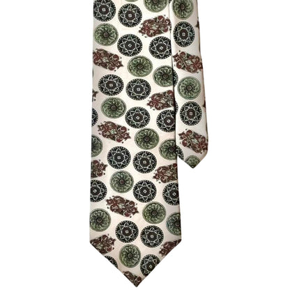 Oscar de la Renta Couture Silk Tie Beige Green Medallion Print | Luxury Designer Neckwear | Premium Men’s Accessory