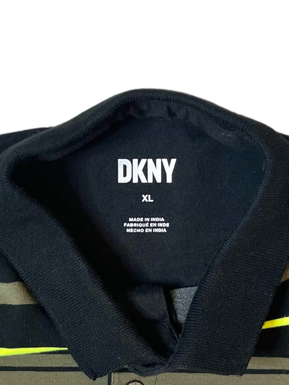 DKNY Striped Polo Shirt Mens XL Black Blue Neon Green Short Sleeve Stretch Cotton Casual Shirt