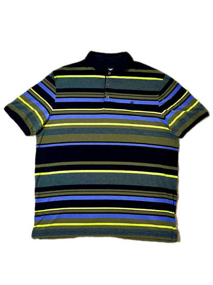 DKNY Striped Polo Shirt Mens XL Black Blue Neon Green Short Sleeve Stretch Cotton Casual Shirt