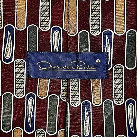 Oscar de la Renta 100% Silk Tie Burgundy Geometric Pattern | Made in USA | Premium Menswear