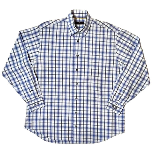 Robert Talbott Classic Fit 100% Cotton Plaid Button-Down Shirt Blue White | Size XL | Made in Portugal