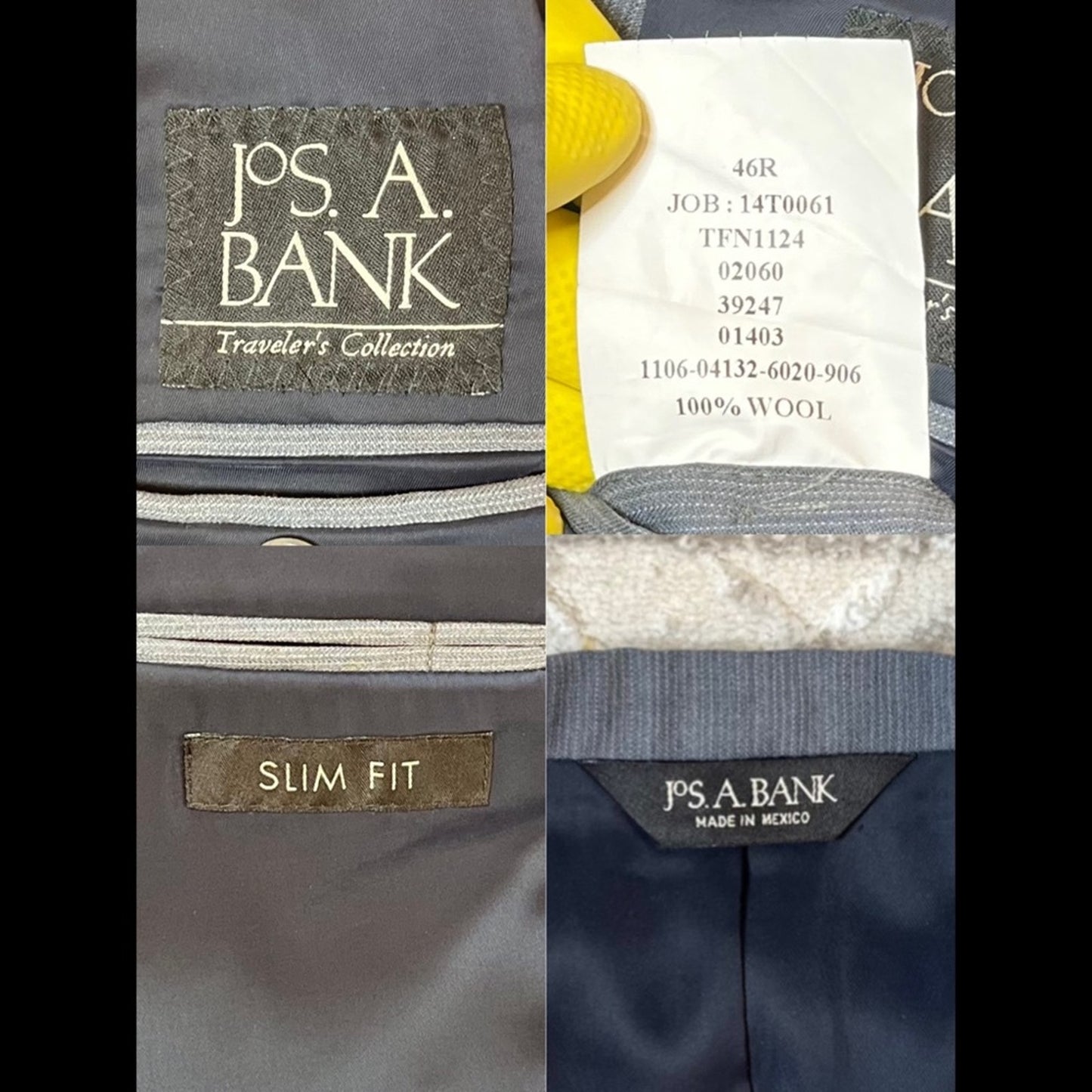 Jos. A. Bank Traveler’s Collection Men’s 100% Wool Slim Fit 2-Piece Suit – Gray – 46R Jacket / 38x30 Pants
