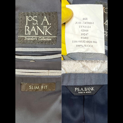 Jos. A. Bank Traveler’s Collection Men’s 100% Wool Slim Fit 2-Piece Suit – Gray – 46R Jacket / 38x30 Pants