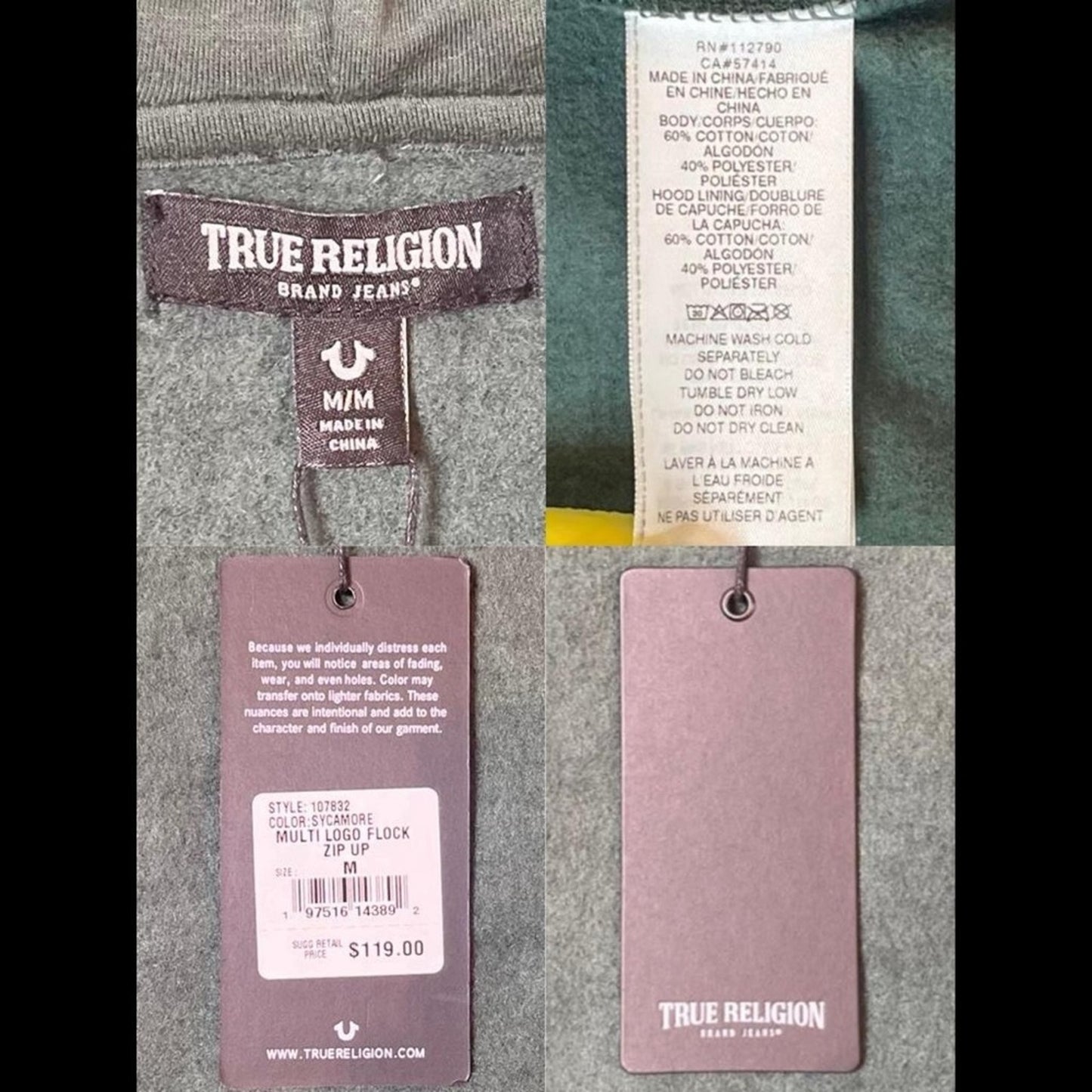True Religion Multi Logo Flock Zip-Up Hoodie – Sycamore Green – Men’s Medium – NWT Premium Streetwear